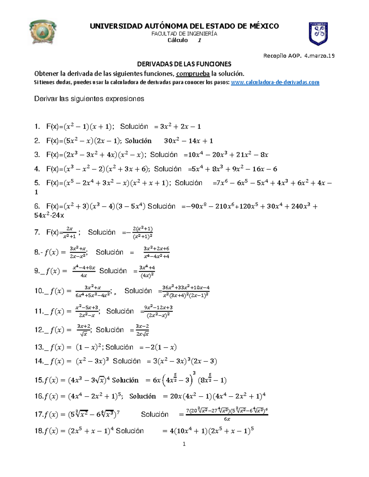Derivadas Algeb Trigo Logarit UNIVERSIDAD AUT NOMA DEL ESTADO DE
