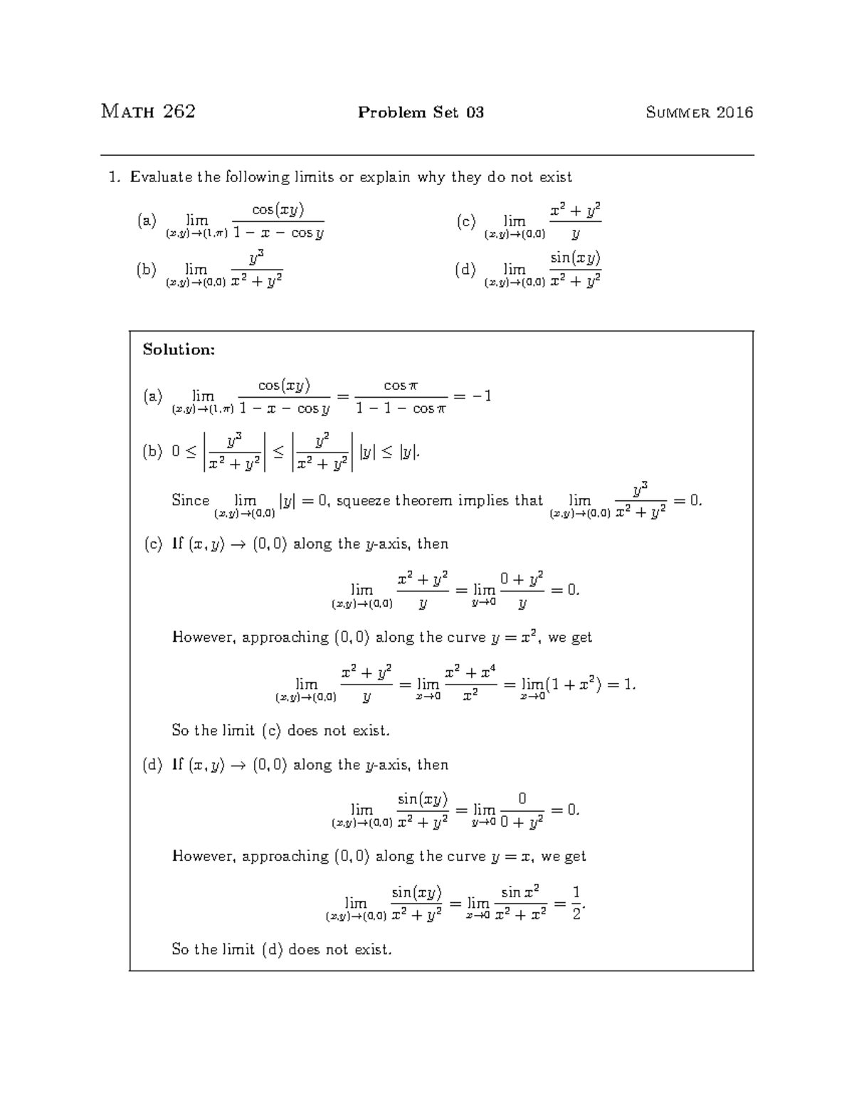 Problem set with solution summer 2016 - Problem Set 03 Math 262 Summer ...