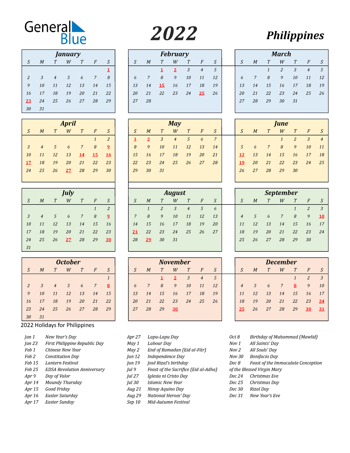 Calendar of the Year 2022 - 2022 Philippines January February March S M ...