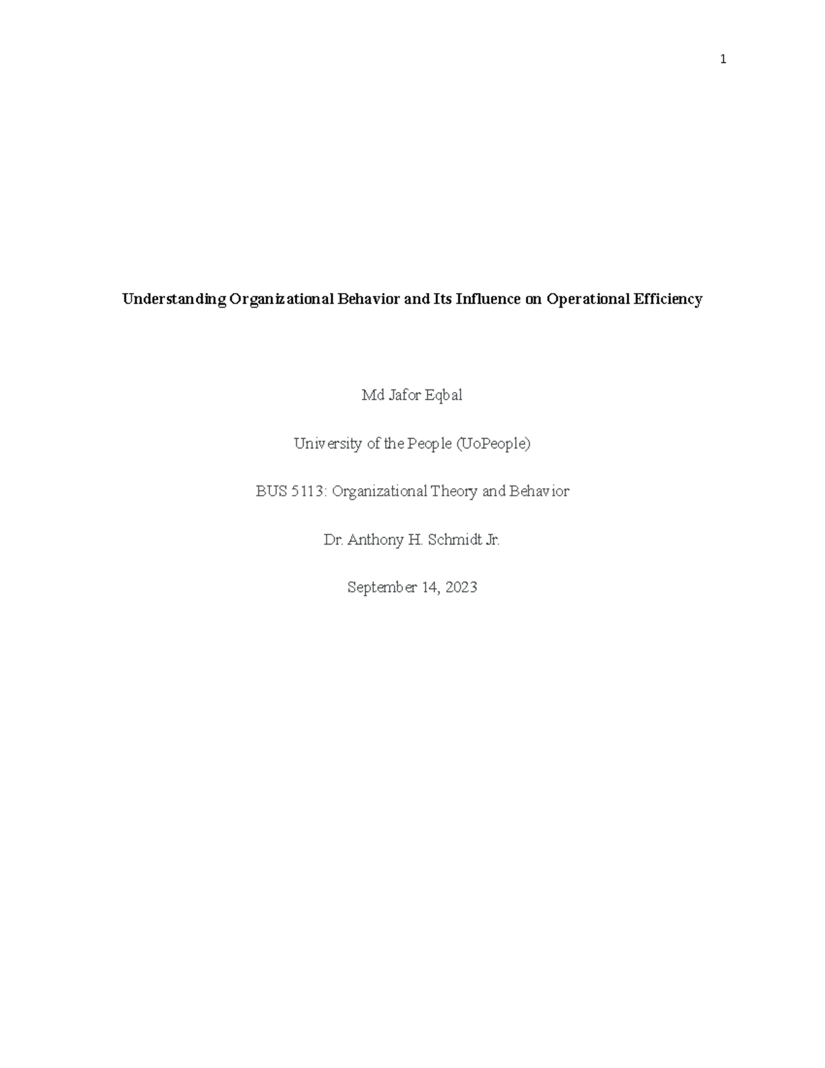 Portfolio Assignment Unit 1 - Understanding Organizational Behavior and ...