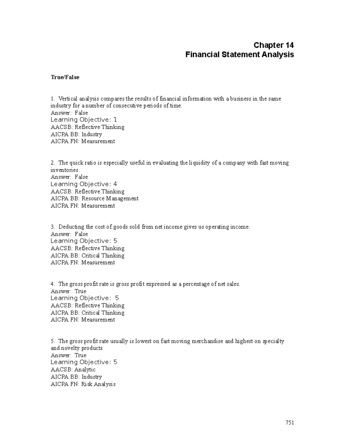 Multiple Choice Questions - Chapter 14 Financial Statement Analysis ...