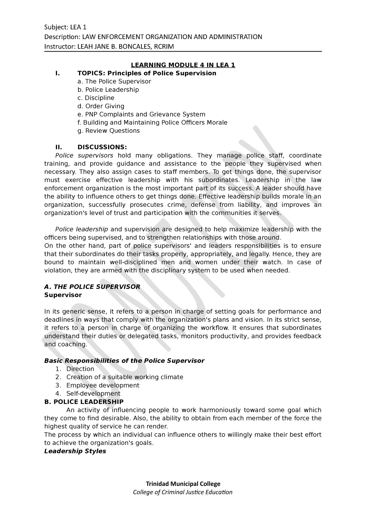 Module 4 IMS LEA 1 - Key notes for highschool - Description: LAW ...