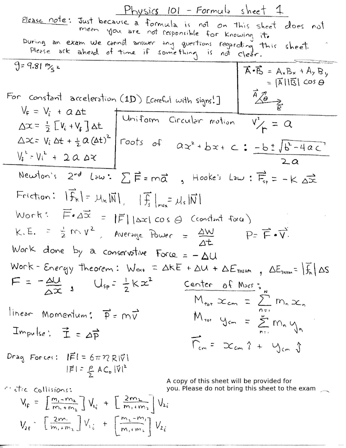 Physic Formula Review Sheet 1 - PHYS 140 - Studocu