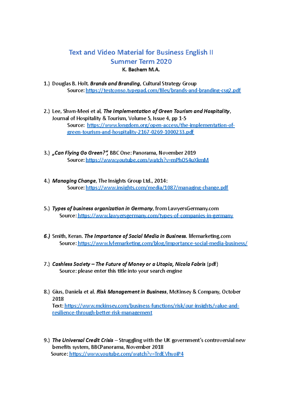 3. Link List, Business English II, Summer Term 2020 Text and Video