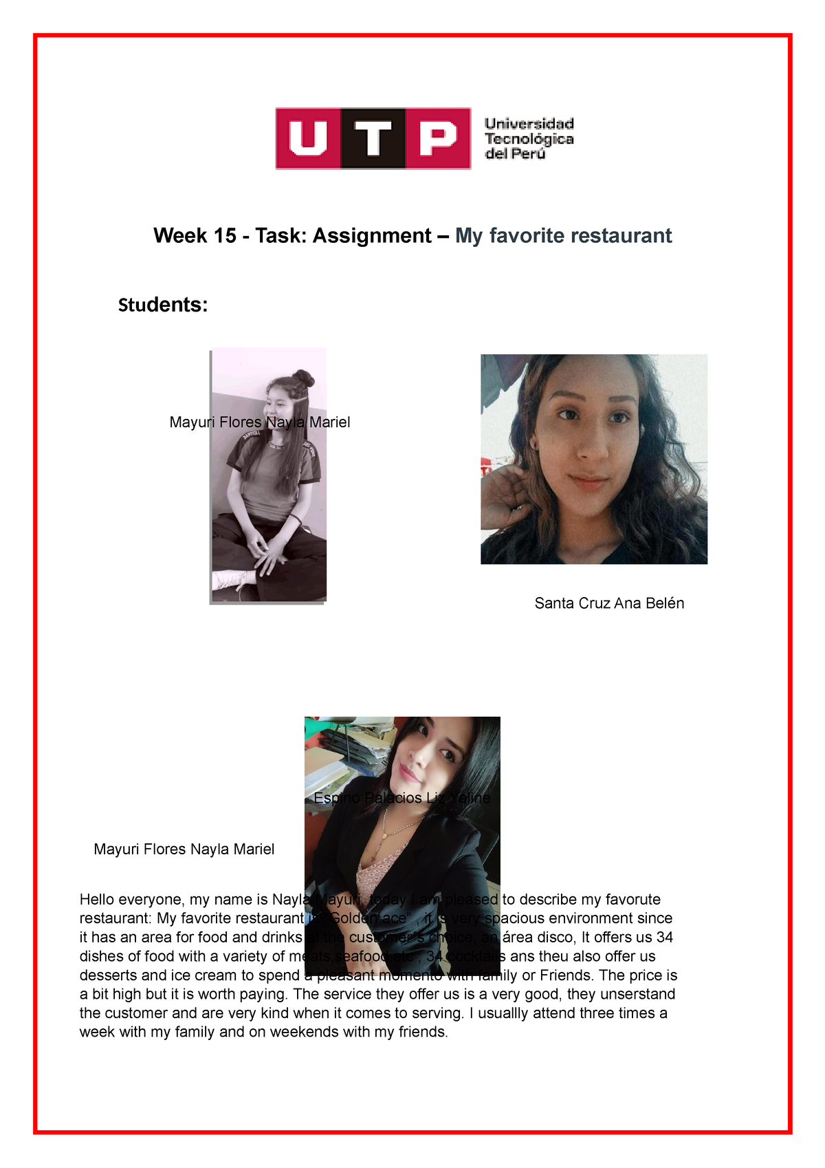 task assignment my favorite restaurant texto