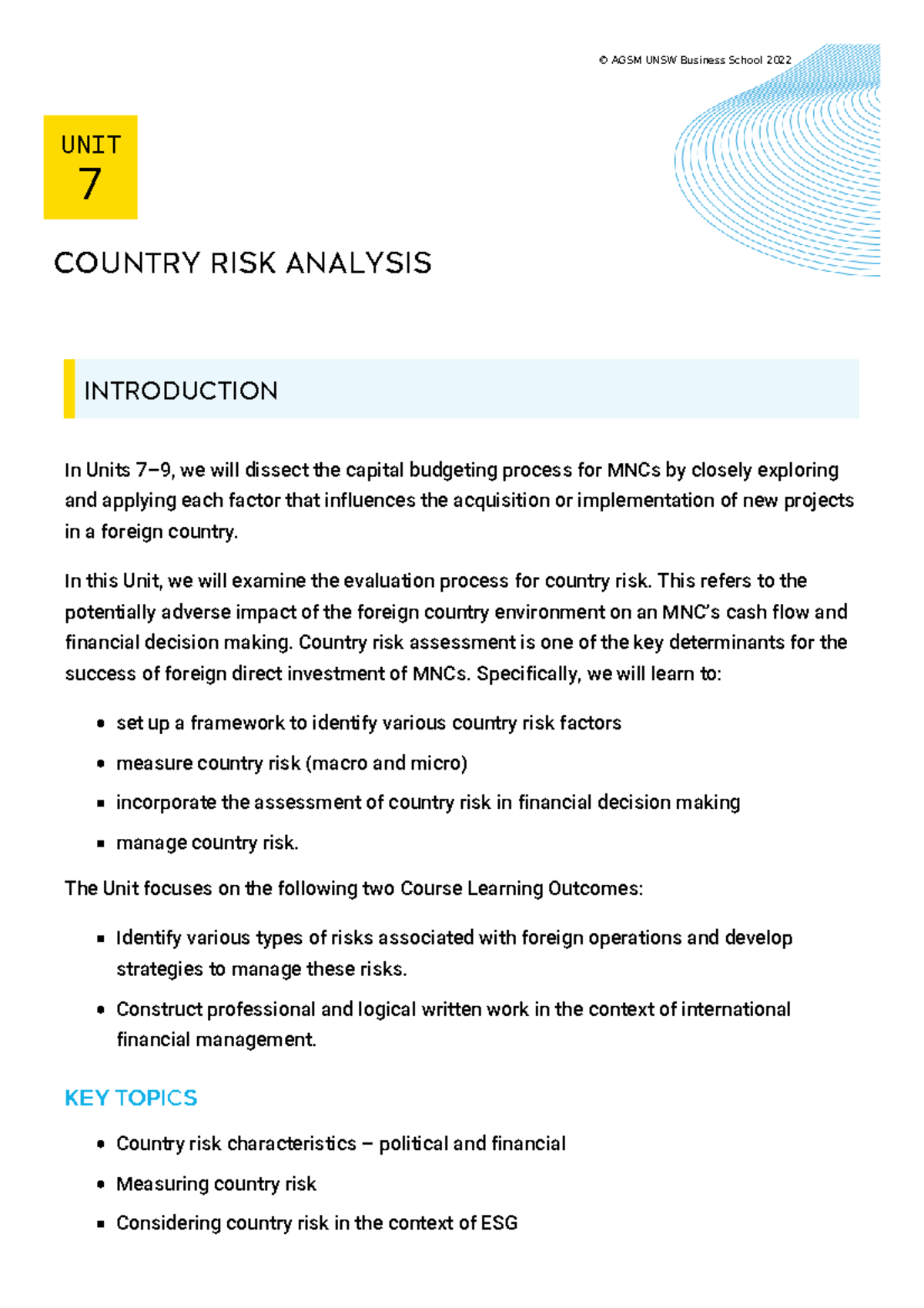 Unit 7 - Country risk analysis - AGSM UNSW Business School 2022 UNIT 7 ...