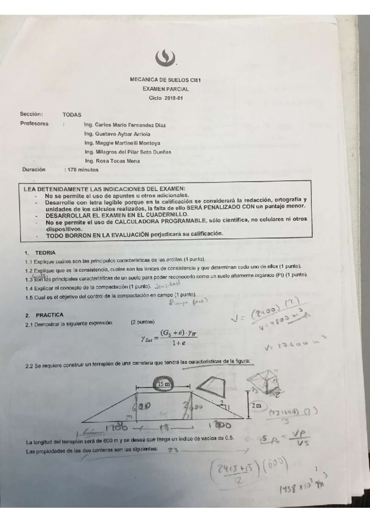 2.Ex Parcial Mecánica De Suelos-2018 01 Solucionario - Mecanica De ...