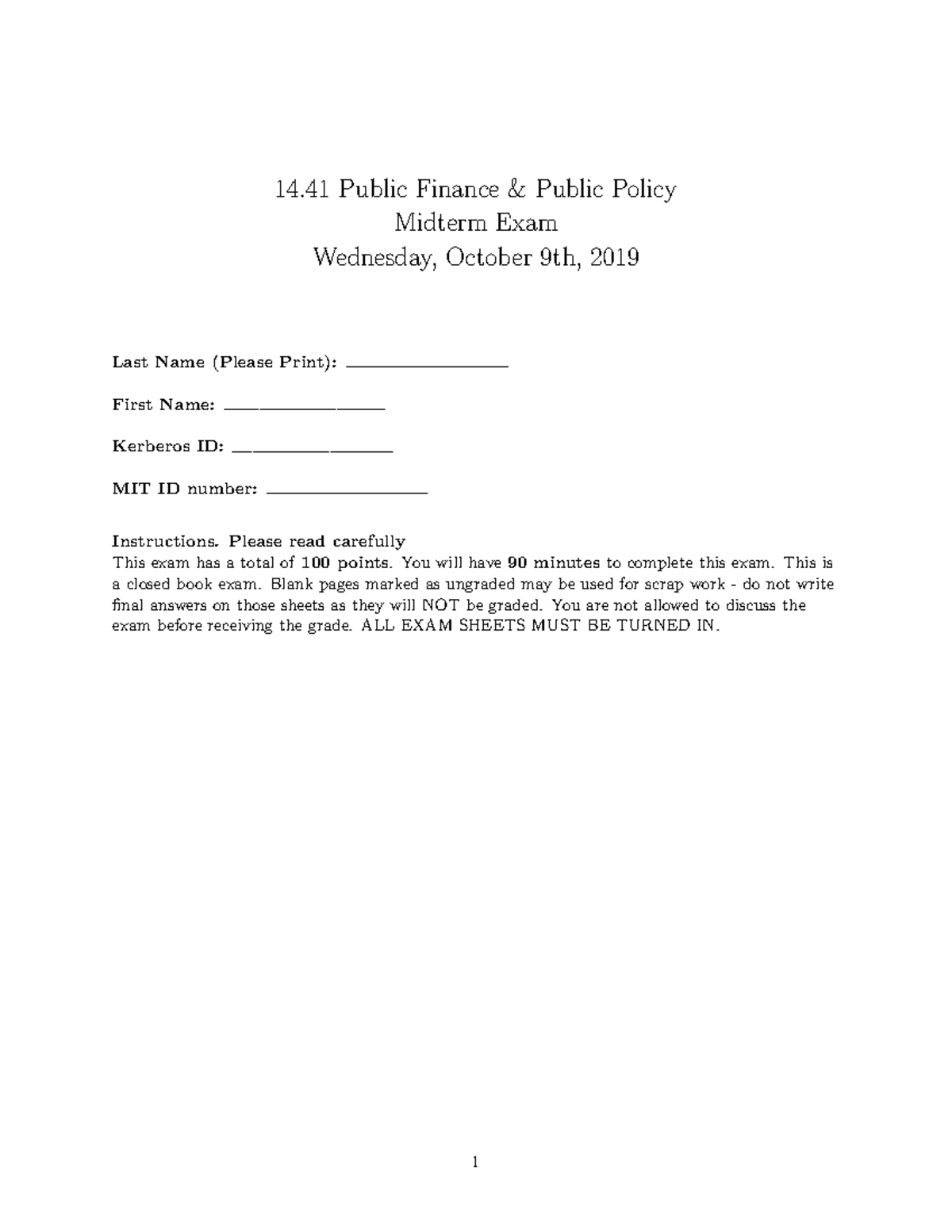 Midterm 2019 practice - 14 Public Finance & Public Policy Midterm Exam ...