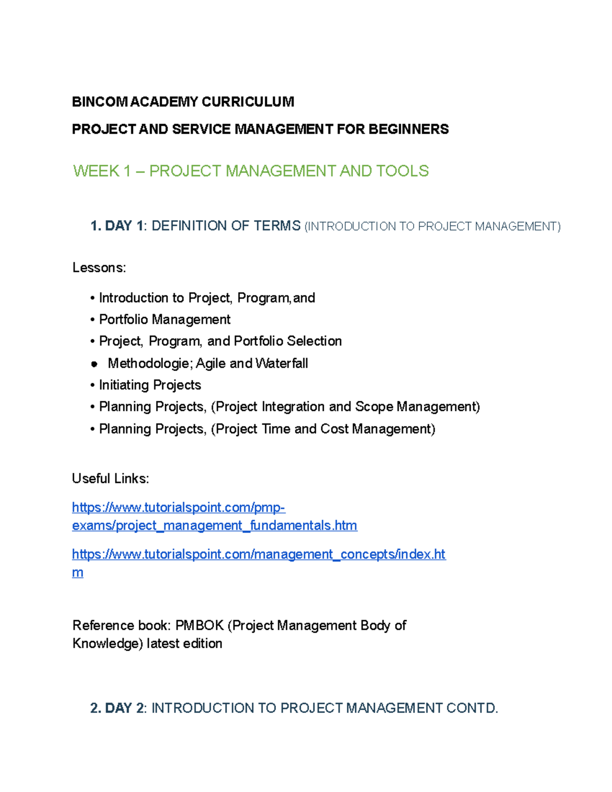 Curriculum Bincom Academy Project, Product and Service Management Class ...