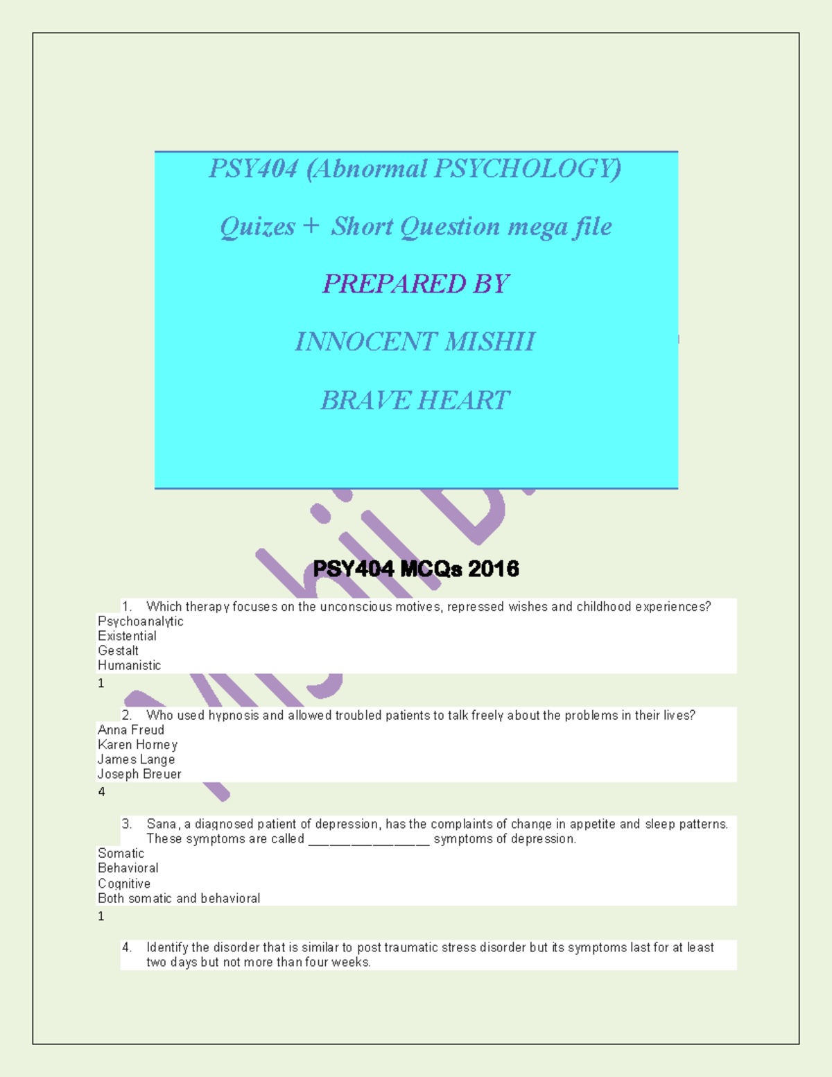 PSY404 solved Quizfinal mid papers - PSY404 (Abnormal PSYCHOLOGY ...