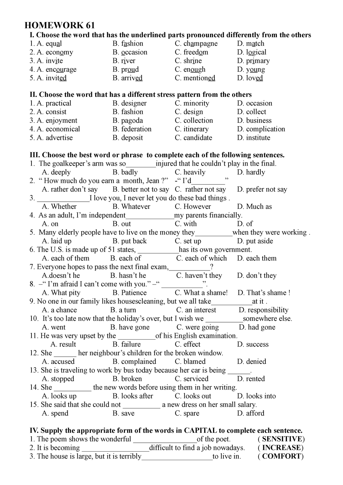 Homework 61 - Easy - HOMEWORK 61 I. Choose the word that has the ...