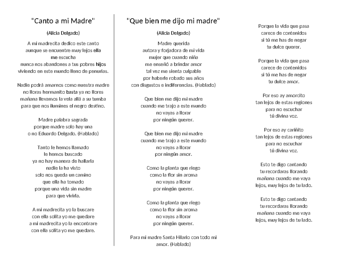 Canciones D a De La Madre Canto A Mi Madre Alicia Delgado A Mi 