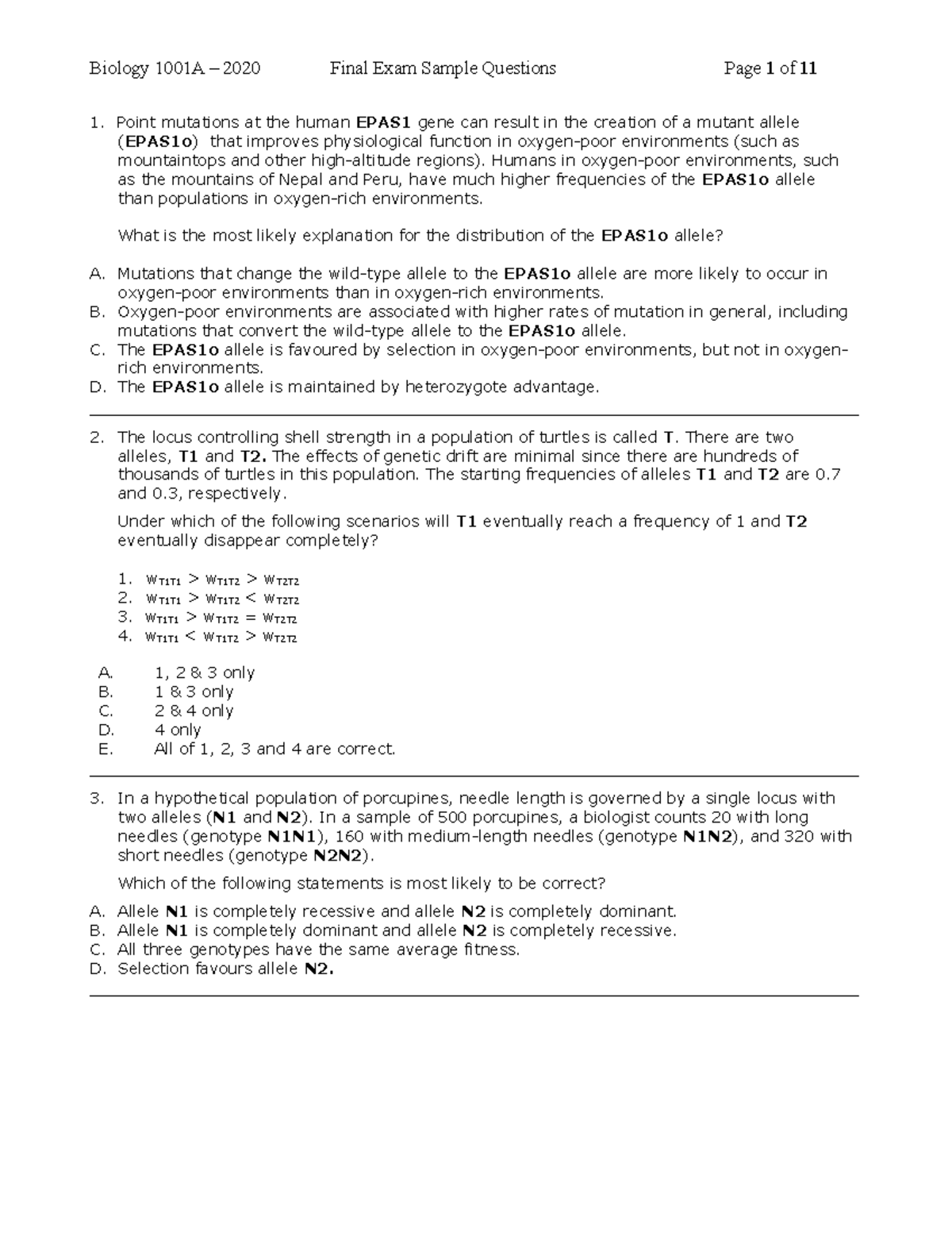 Bio 1001A, 2020 final exam practise test - Point mutations at the human ...