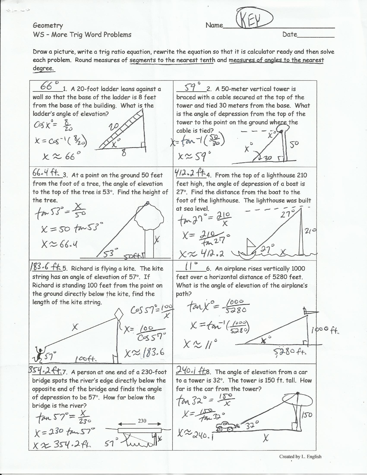 Trig word problems ws key - English For Specific Purposes - Studocu