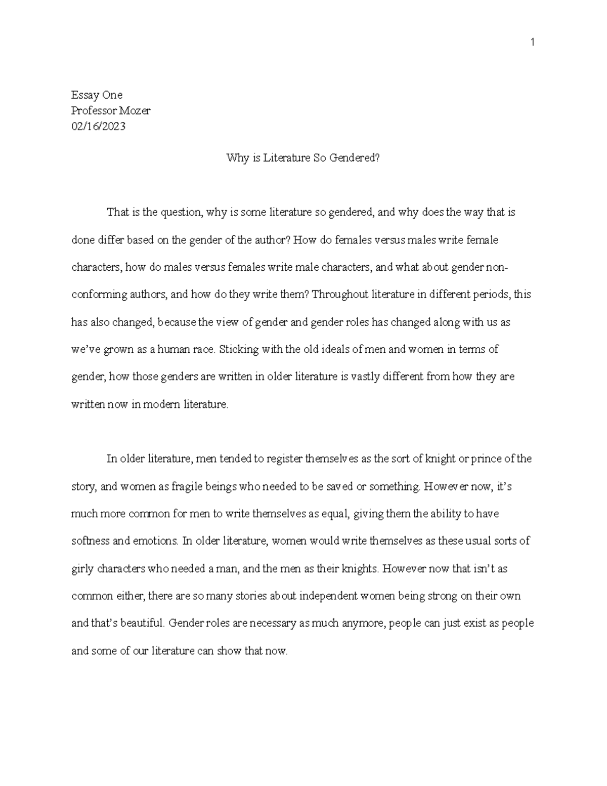 WGST 325 Essay 1 online course 1 Essay One Professor Mozer 02/16/ Why is Literature So WGST 325 Essay 1 online course 1 Essay One Professor Mozer 02/16/ Why is Literature So