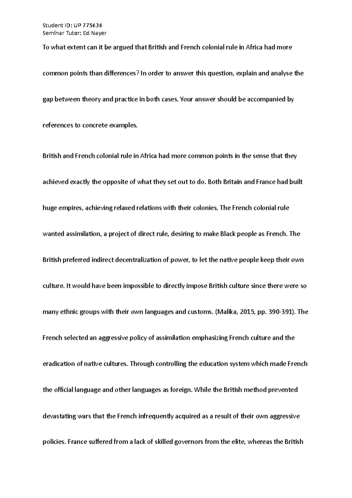 French and British History essay Student ID UP 775636 Seminar Tutor