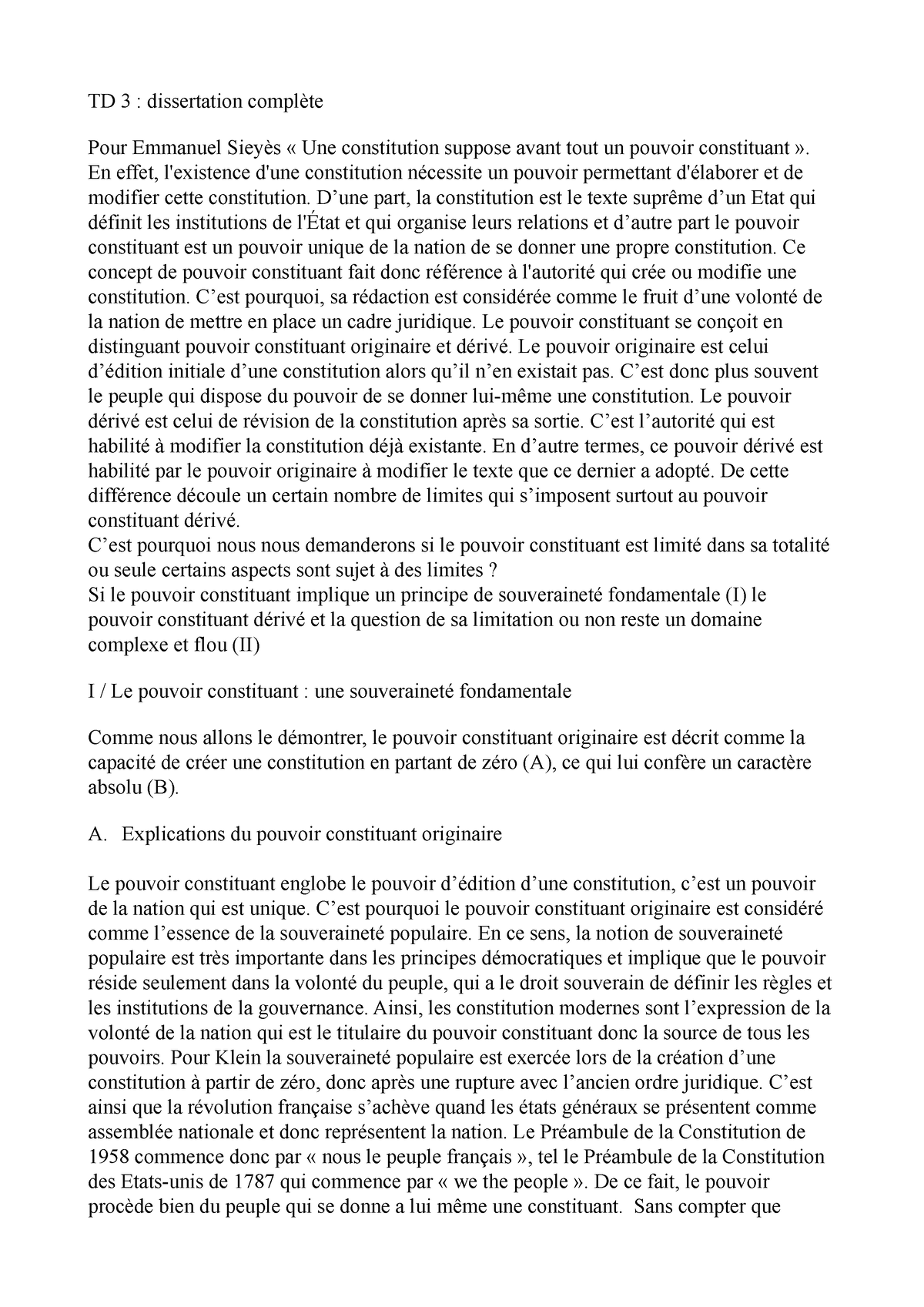 Le Pouvoir Constituant Est Il Un Pouvoir Illimité - TD 3 : Dissertation ...