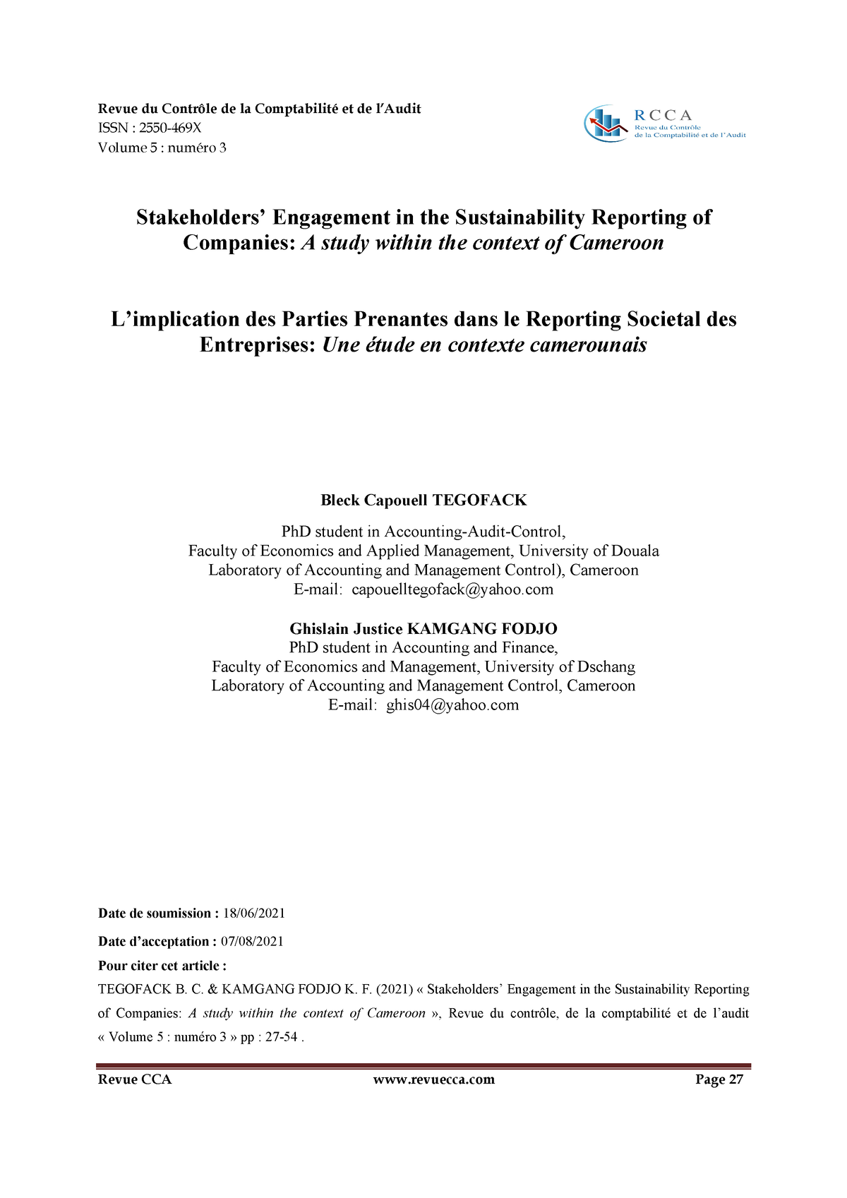 728 Article Text 2730 1 10 20210929 Issn 2550 469x Volume 5 Numéro 3 Stakeholders 