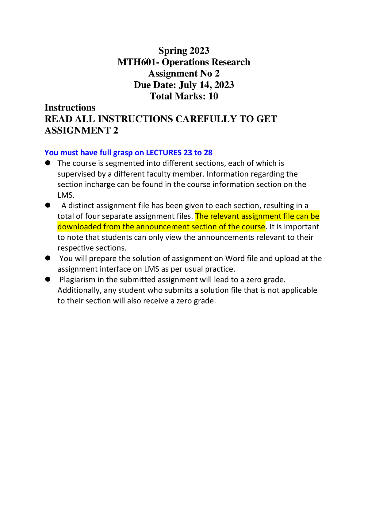 Spring 2023 MTH601 2 - Spring 2023 MTH601- Operations Research ...