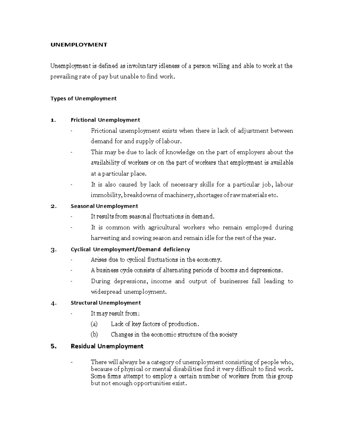 Unemployment - UNEMPLOYMENT Unemployment is defined as involuntary ...