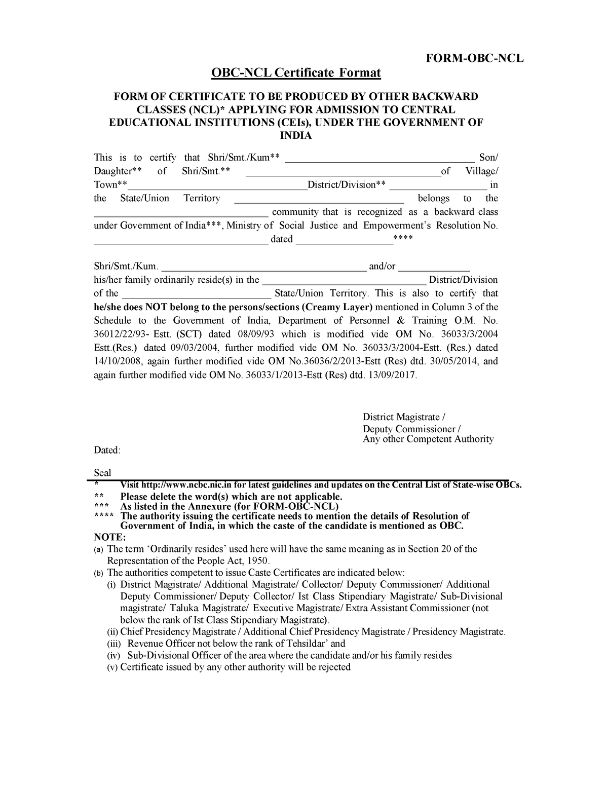 FORM-OBC-NCL - FORM-OBC-NCL OBC-NCL Certificate Format FORM OF ...