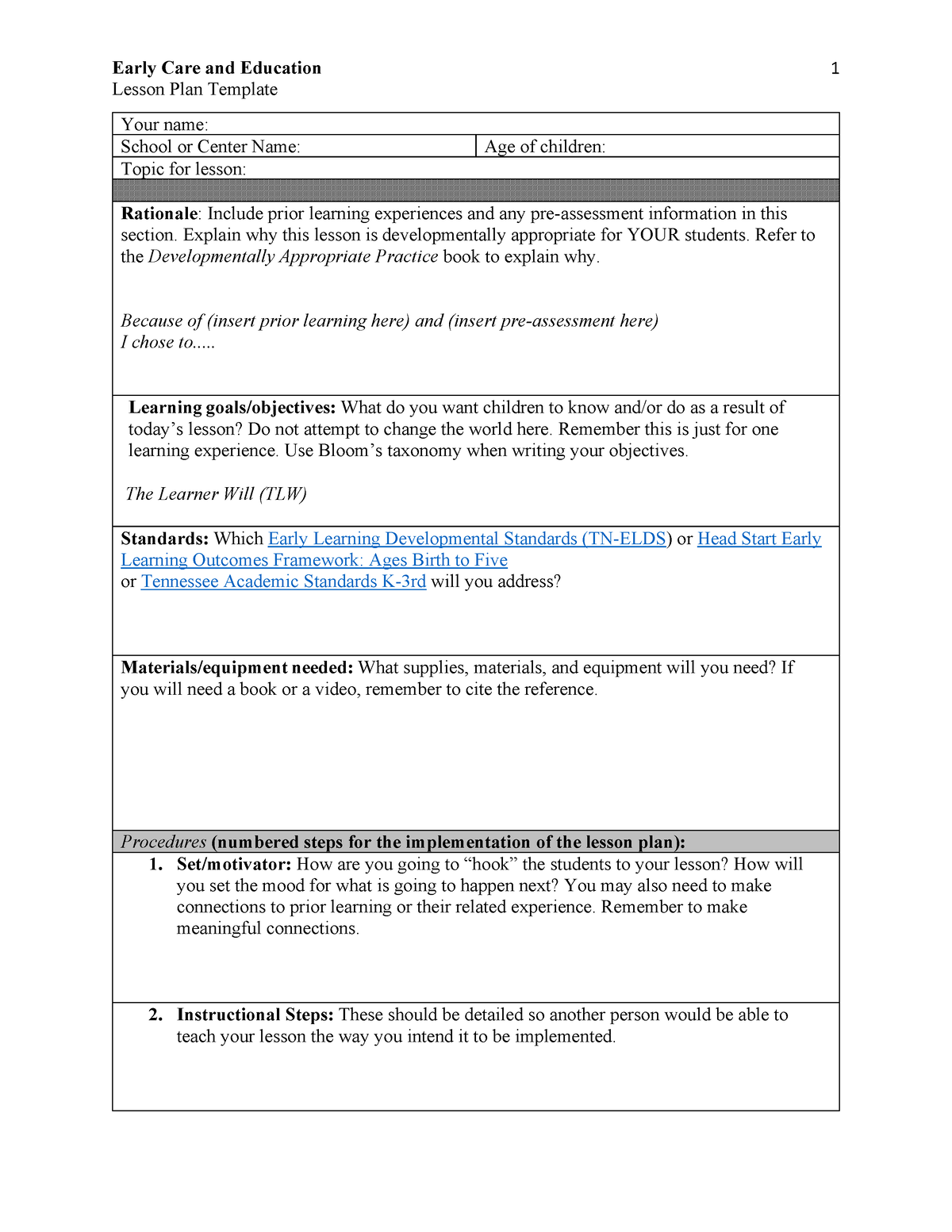 Lessonplantemplateecae - Early Care and Education Lesson Plan Template ...