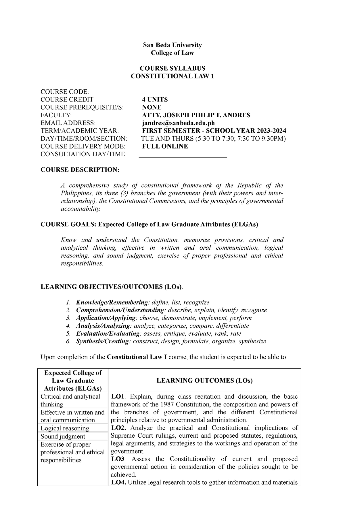 Consti LAW1 DEPT Syllabus SY2023 2024 - San Beda University College of ...