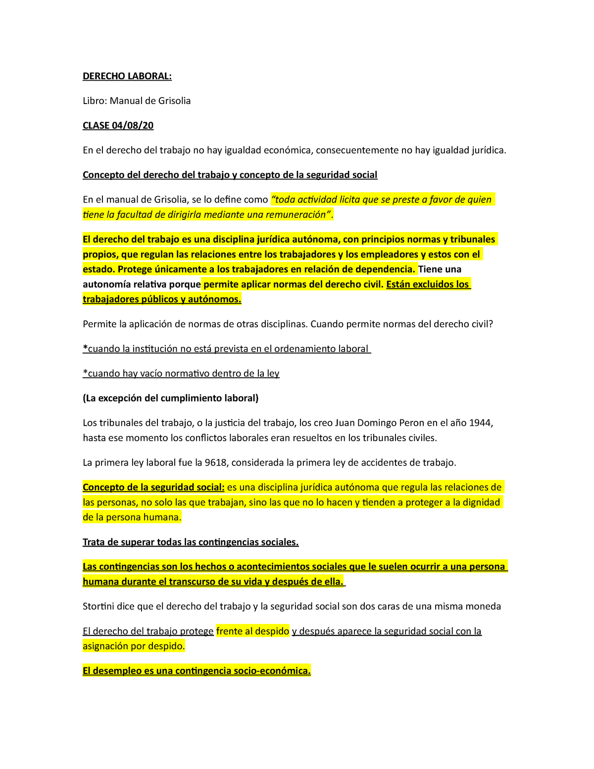 Derecho Laboral RESUMEN DE CLASES DEL AÑO DERECHO LABORAL Libro Manual de Grisolia