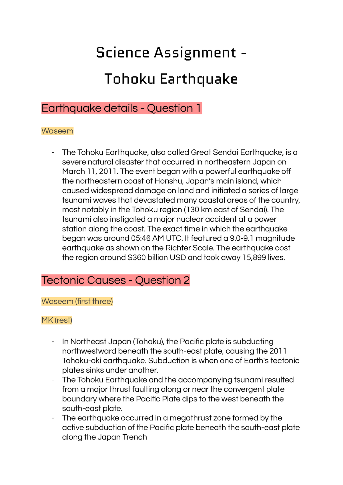 science assignment earthquake