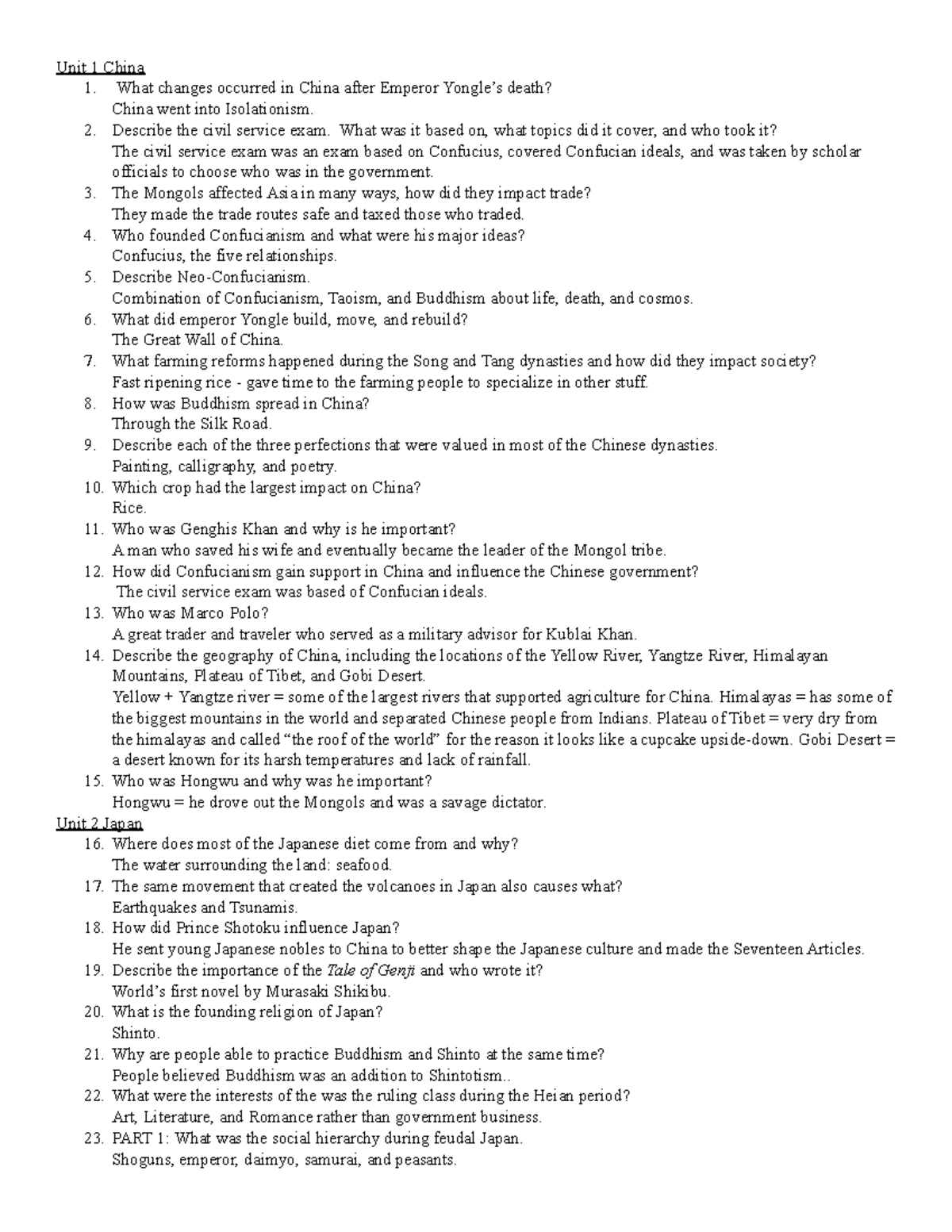 Social Studies Midterm Exam Study Guide (7th grade) - Unit 1 China 1 ...