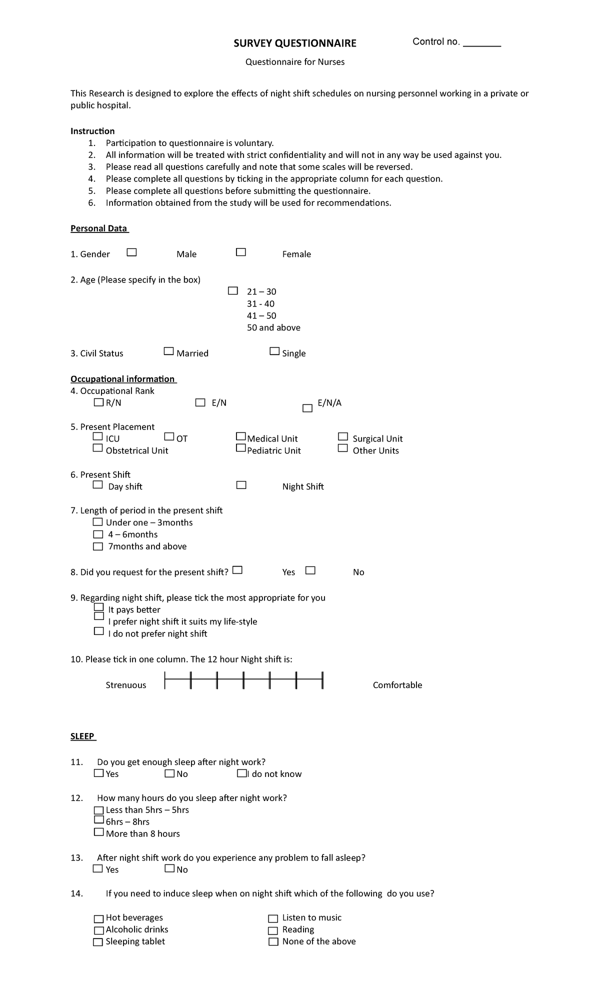 Survey Questionnaire - ggbv64w5yet4636u - SURVEY QUESTIONNAIRE Control ...