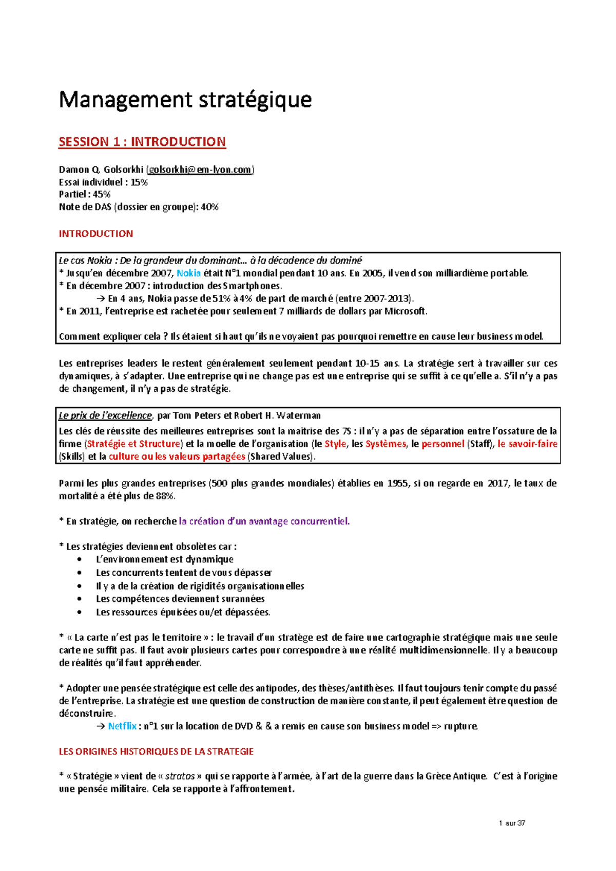 Management stratégique - fiche - Management stratégique SESSION 1 ...