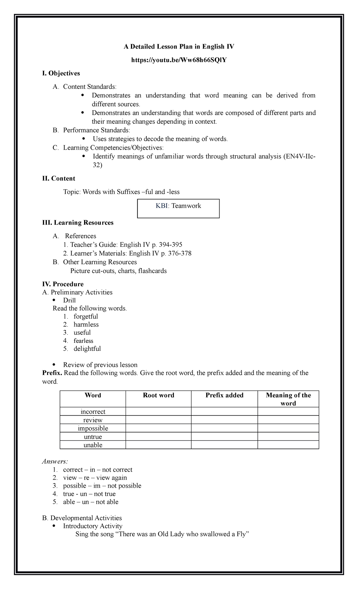 4AS Detailed LP TE FLOR - jnjnnkm kmkm - A Detailed Lesson Plan in ...
