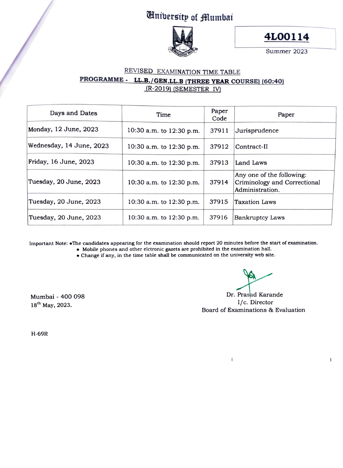 Time Table Sem IV - Days and Dates Monday, 12 June, 2023 Wednesday, 14 ...