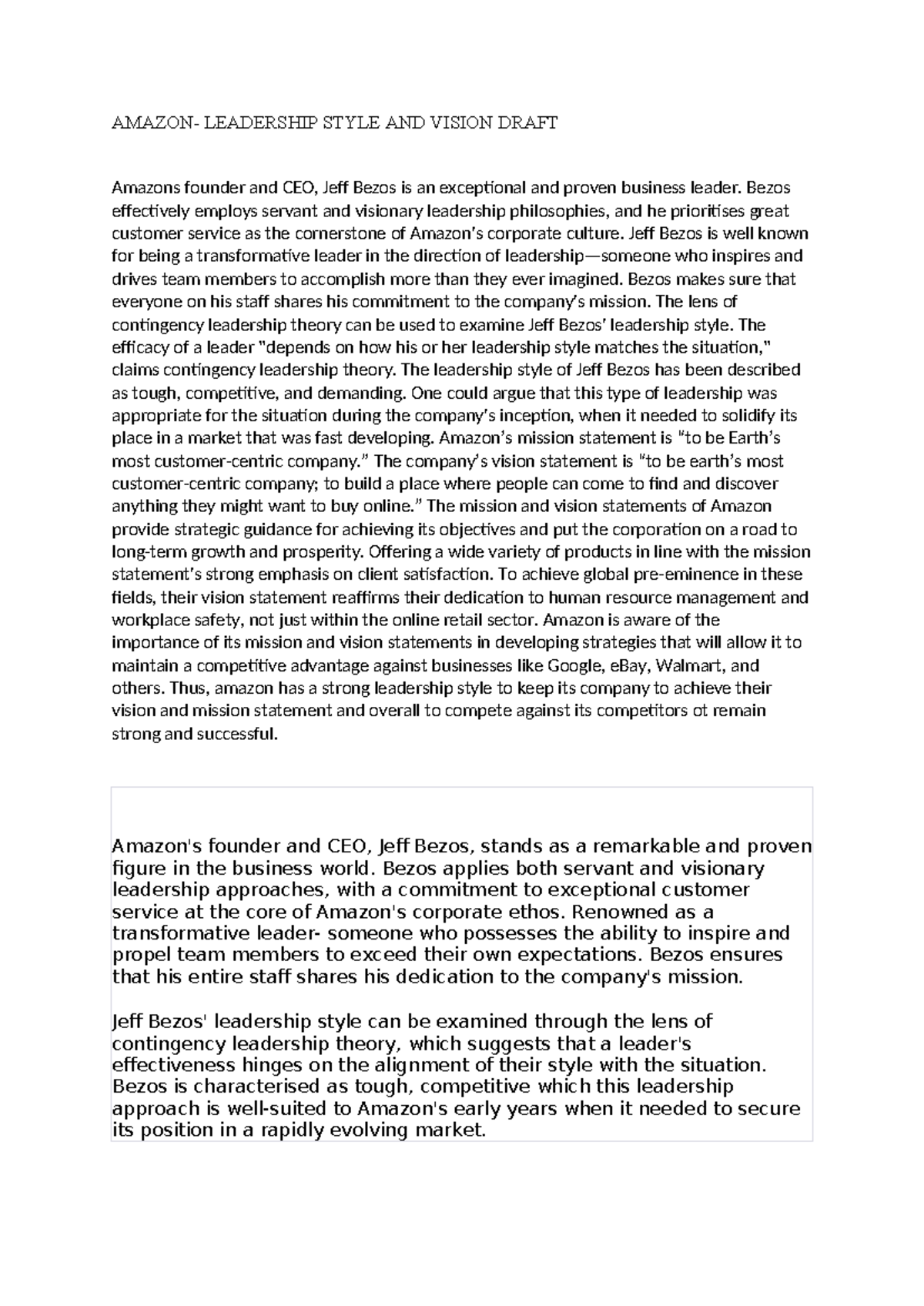Amazon- leadership and vision draft - AMAZON- LEADERSHIP STYLE AND ...