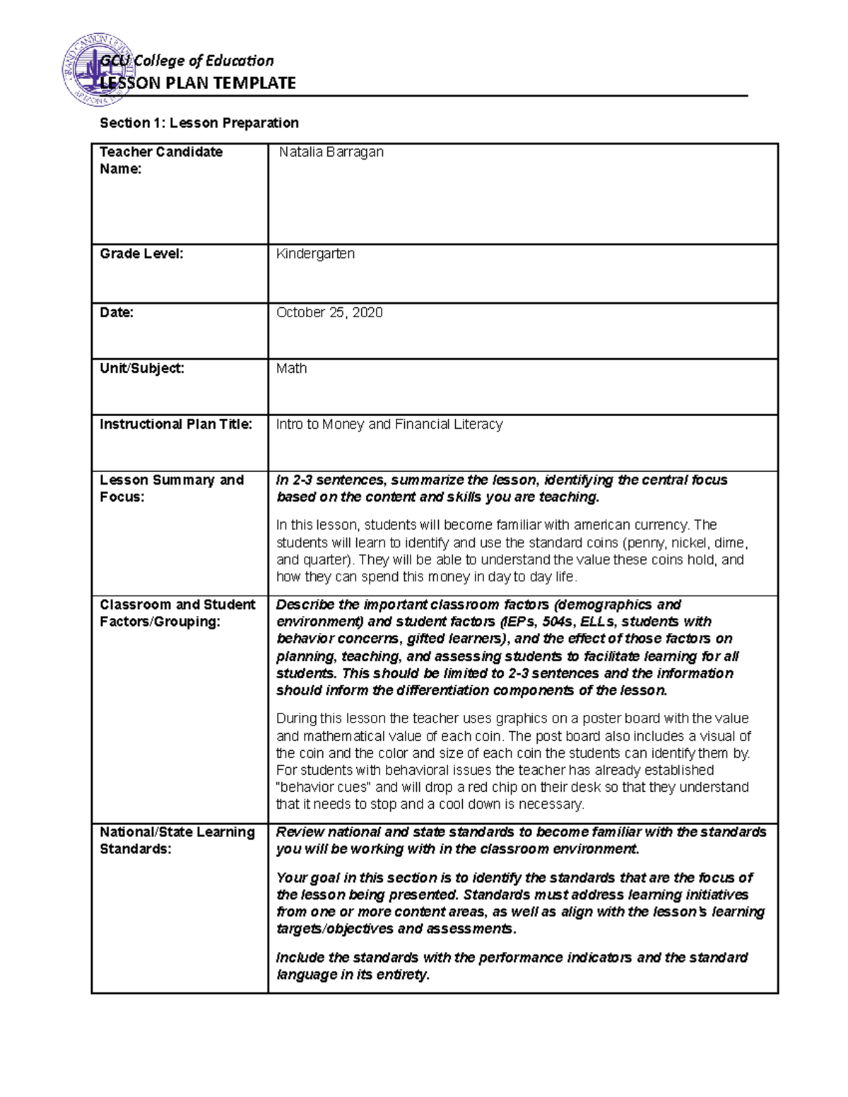 Coe Lesson Plan Template Lesson Plan Template Section 1 Lesson 