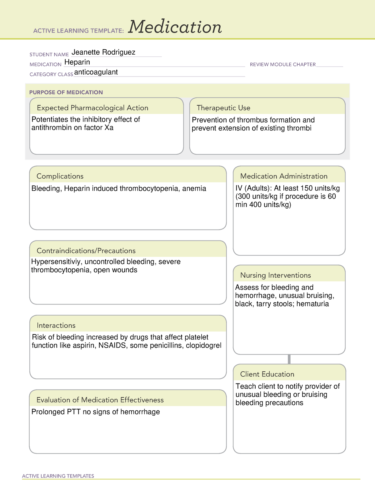 Heparin ati med card completed ACTIVE LEARNING TEMPLATES Medication