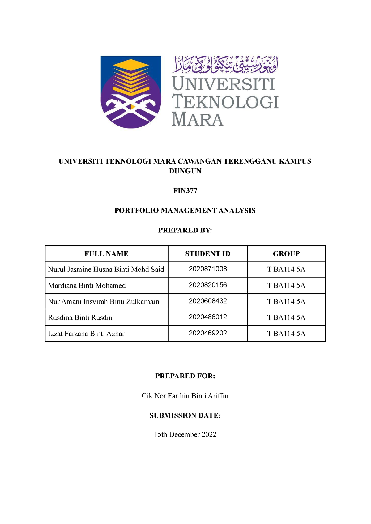 FIN377- Group Assignment - UNIVERSITI TEKNOLOGI MARA CAWANGAN ...