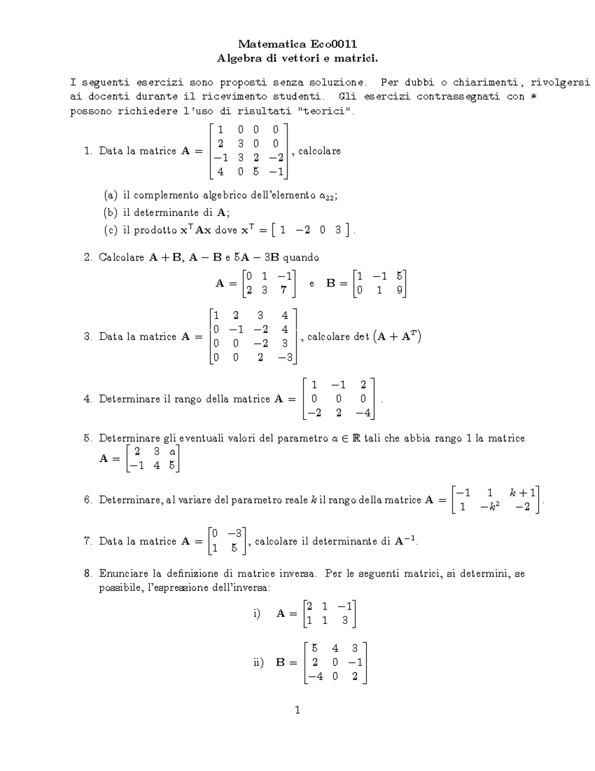 02 Algebra Lineare - Appunti 1 2 3 - Matematica Eco0011 Algebra Di ...