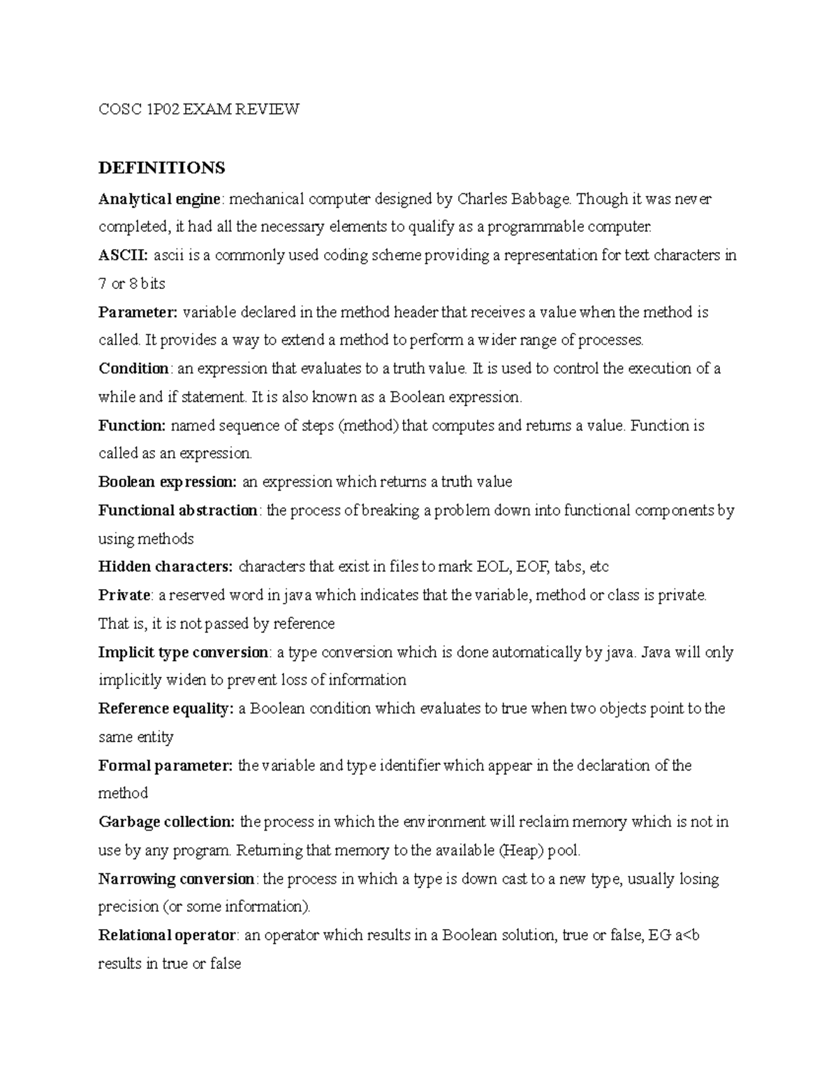 Parcial 1 2018, questions and answers - COSC 1P02 EXAM REVIEW ...