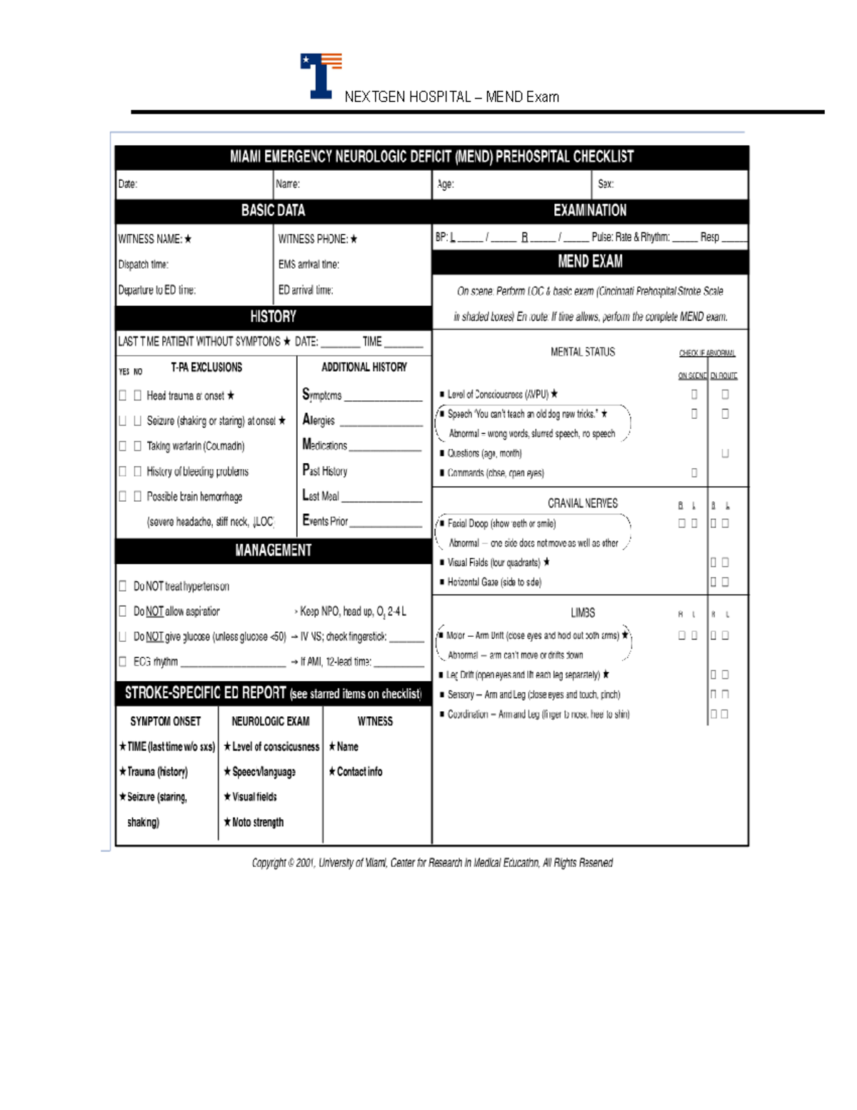 MEND Exam For Stroke Patients NEXTGEN HOSPITAL MEND Exam Studocu