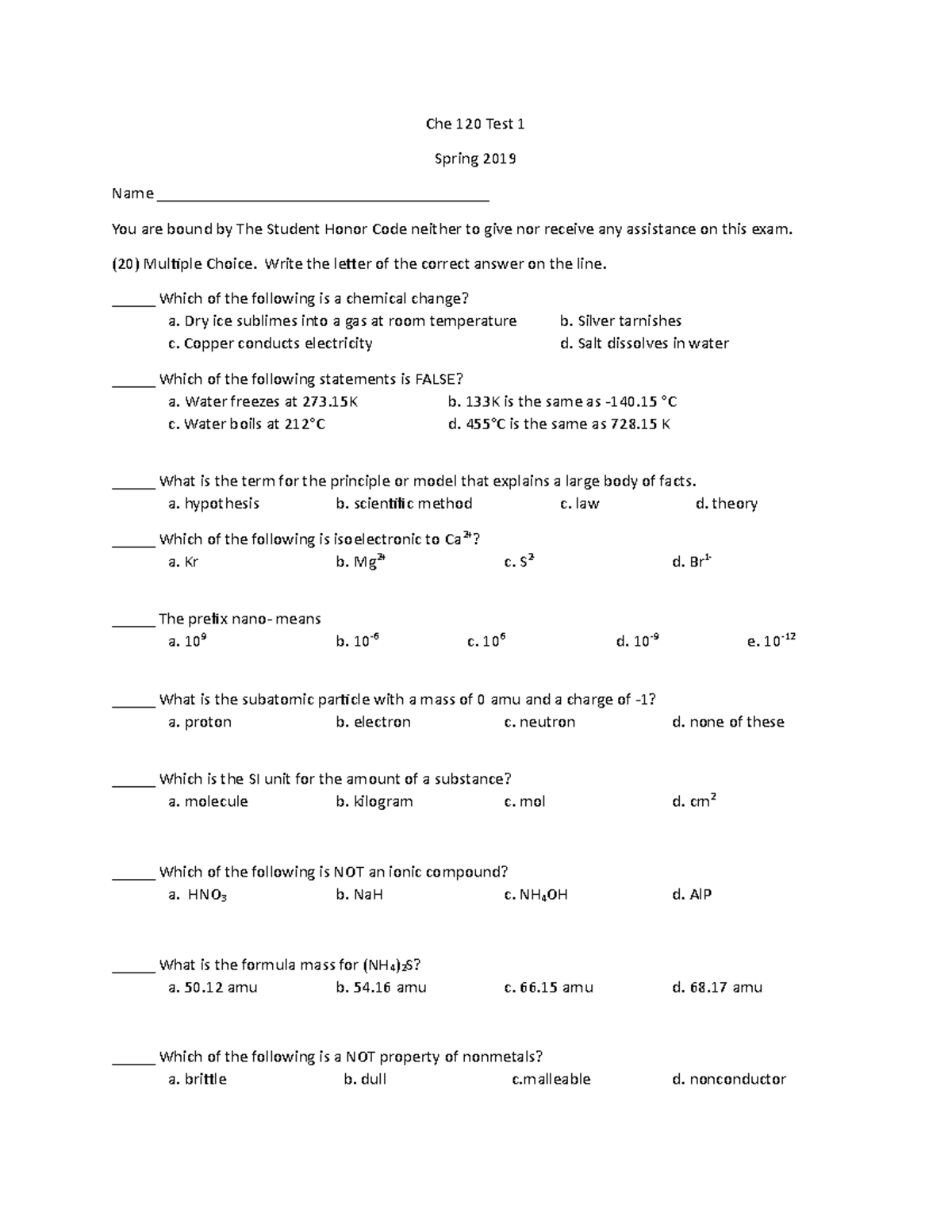 Che+120+Test+1+spr+2019 - Che 120 Test 1 Spring 2019 Name