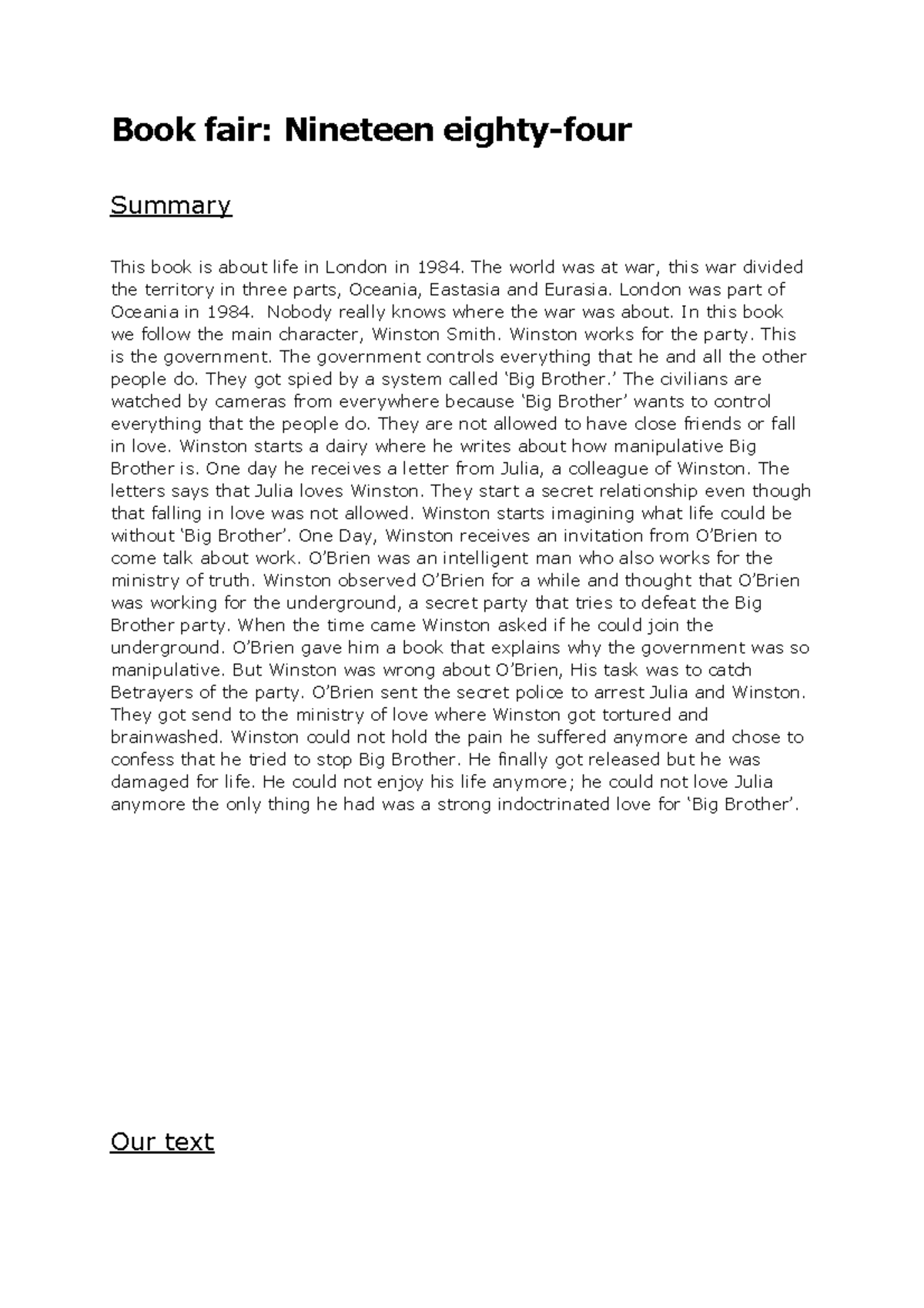 Summary Of Nineteen Eighty Four 1984 - Book fair: Nineteen eighty-four Summary This book is about life