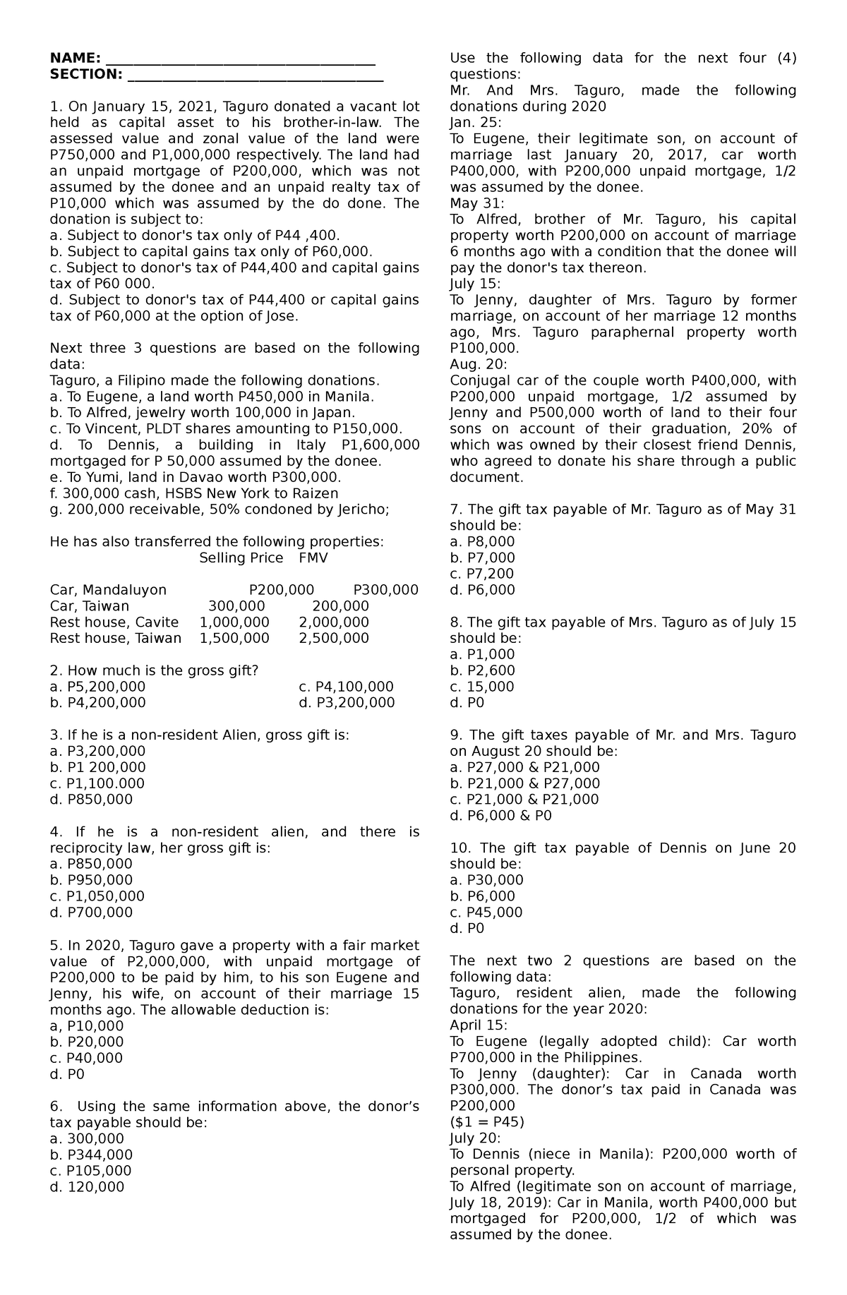 Donor's Tax - Donor's tax practice material - NAME