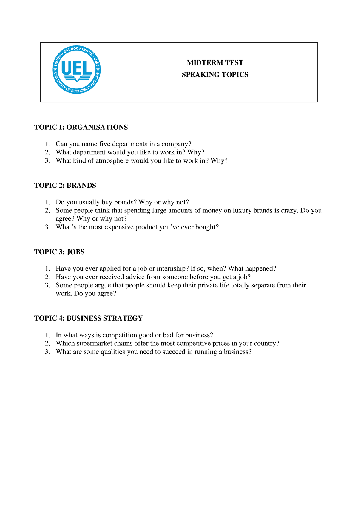 EN3MBPB1+ Speak - Không Có - MIDTERM TEST SPEAKING TOPICS TOPIC 1 ...