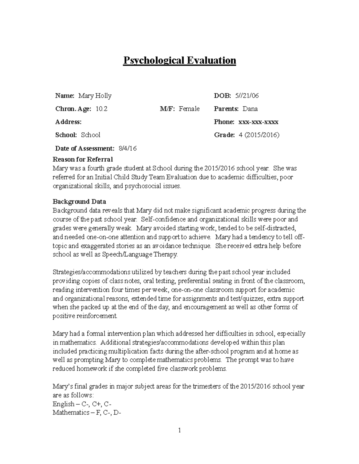 Psychological Evaluation Mary Psychological Evaluation Reason for