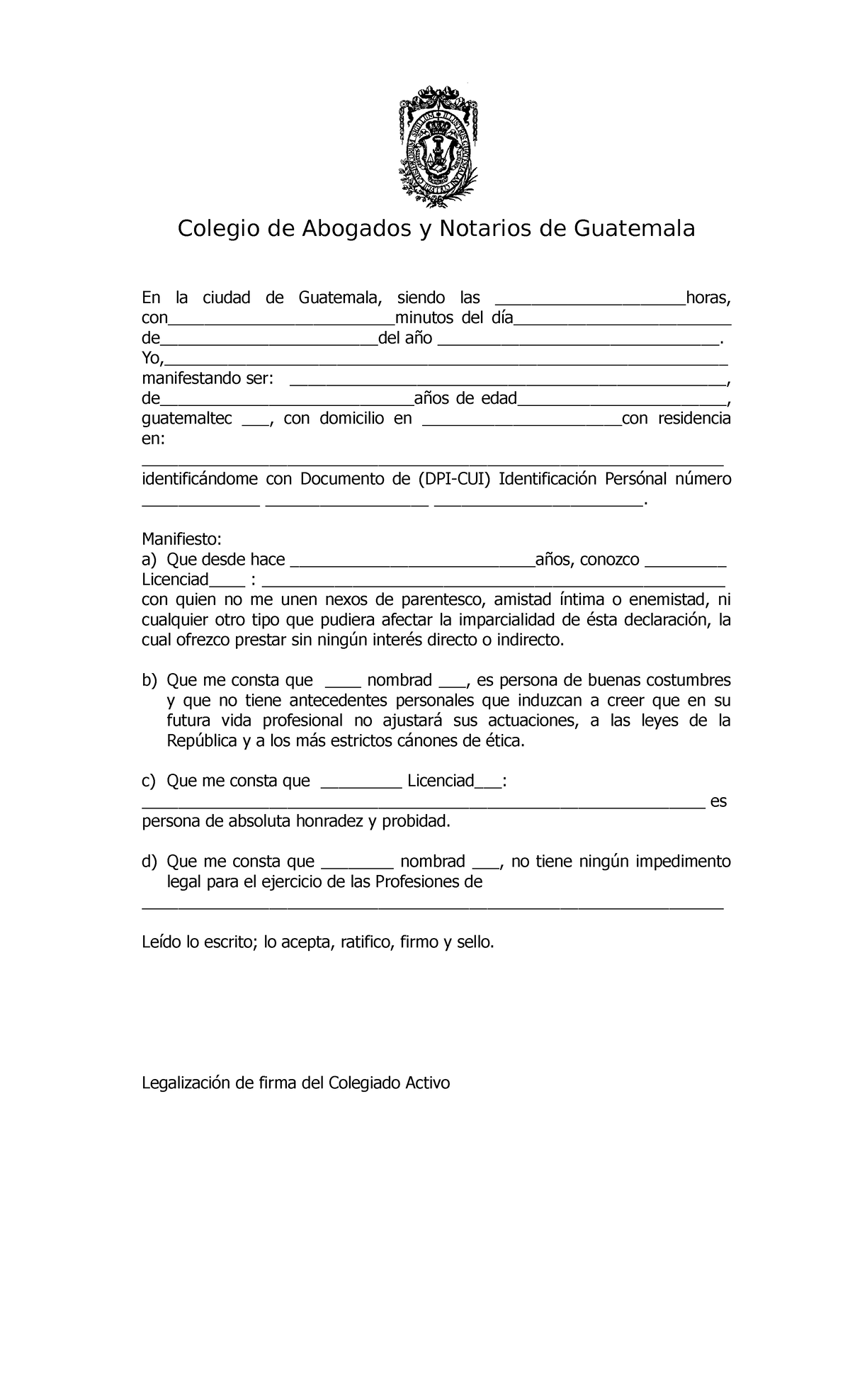 Acta De Declaracion De Testigos Colegio De Abogados Y Notarios De Guatemala En La Ciudad De 7356