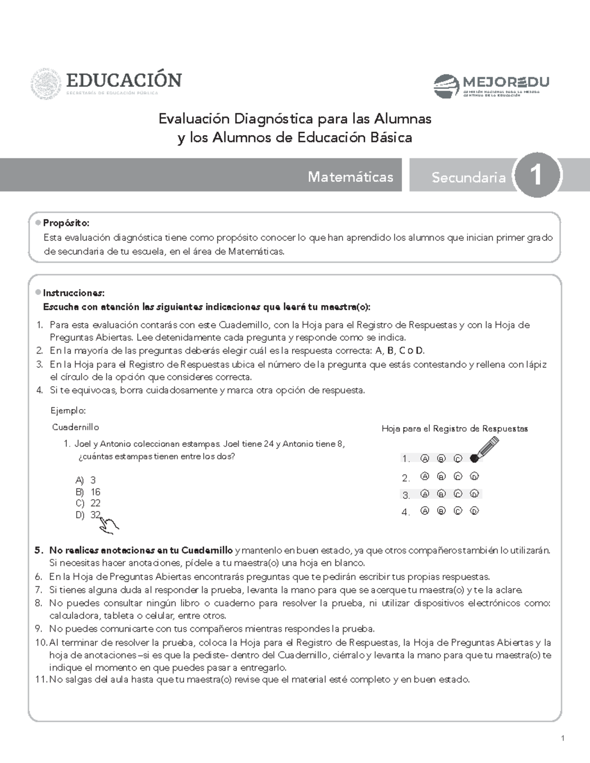 2022 Exa Diag Sec 1 Mat Examen Diagnostico Mejoredu Secundaria Para