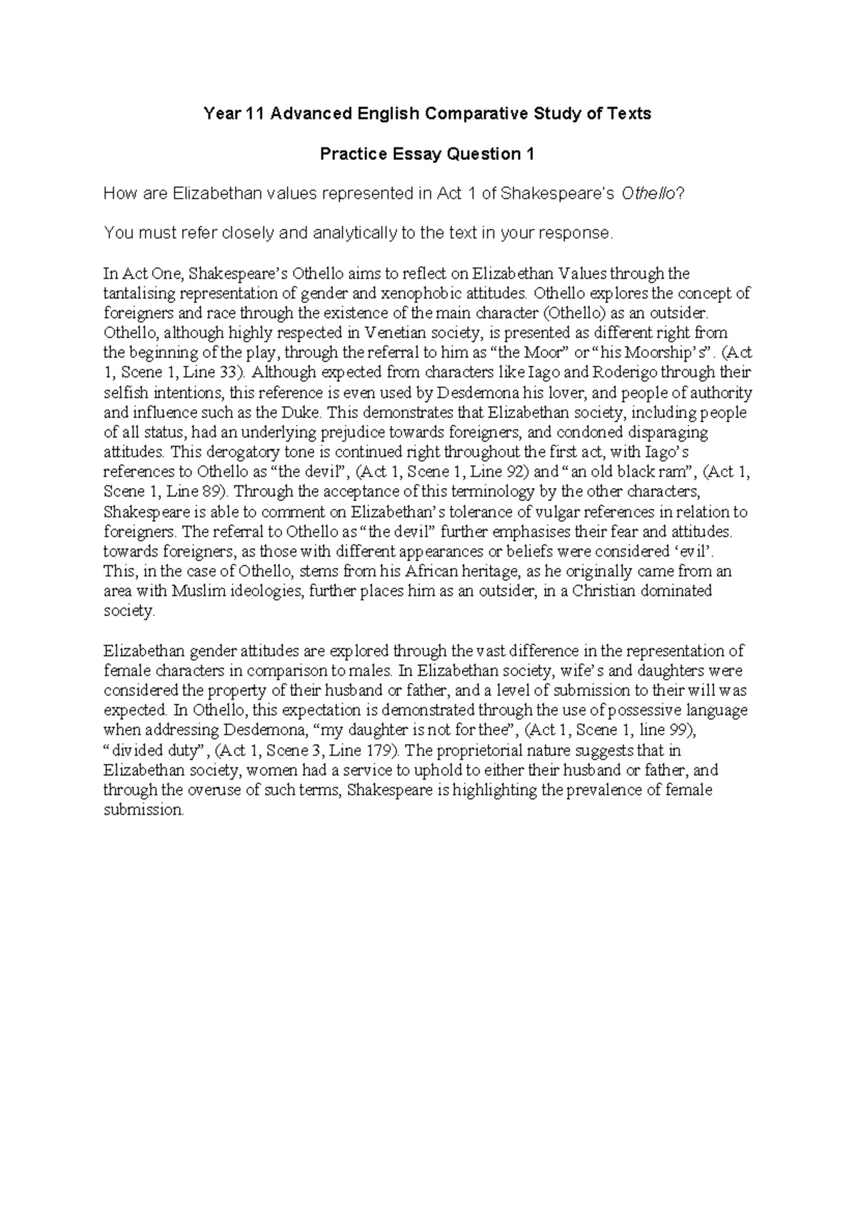 Act 1 Othello Essay - dkkd - Year 11 Advanced English Comparative Study ...