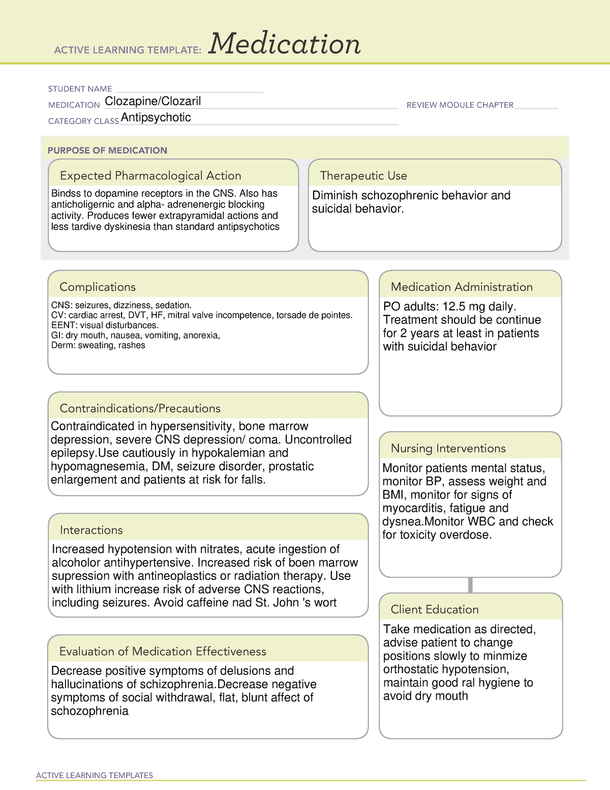 Clozapine med template ACTIVE LEARNING TEMPLATES Medication STUDENT